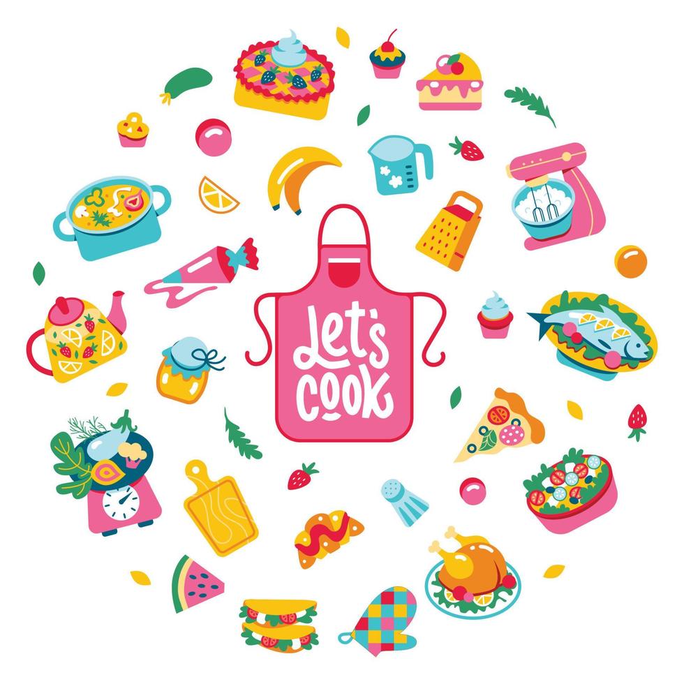 A set of food and sweets for the recipe. Frame of ingredients, vegetables, soup, chicken, salad, tea, grater vector