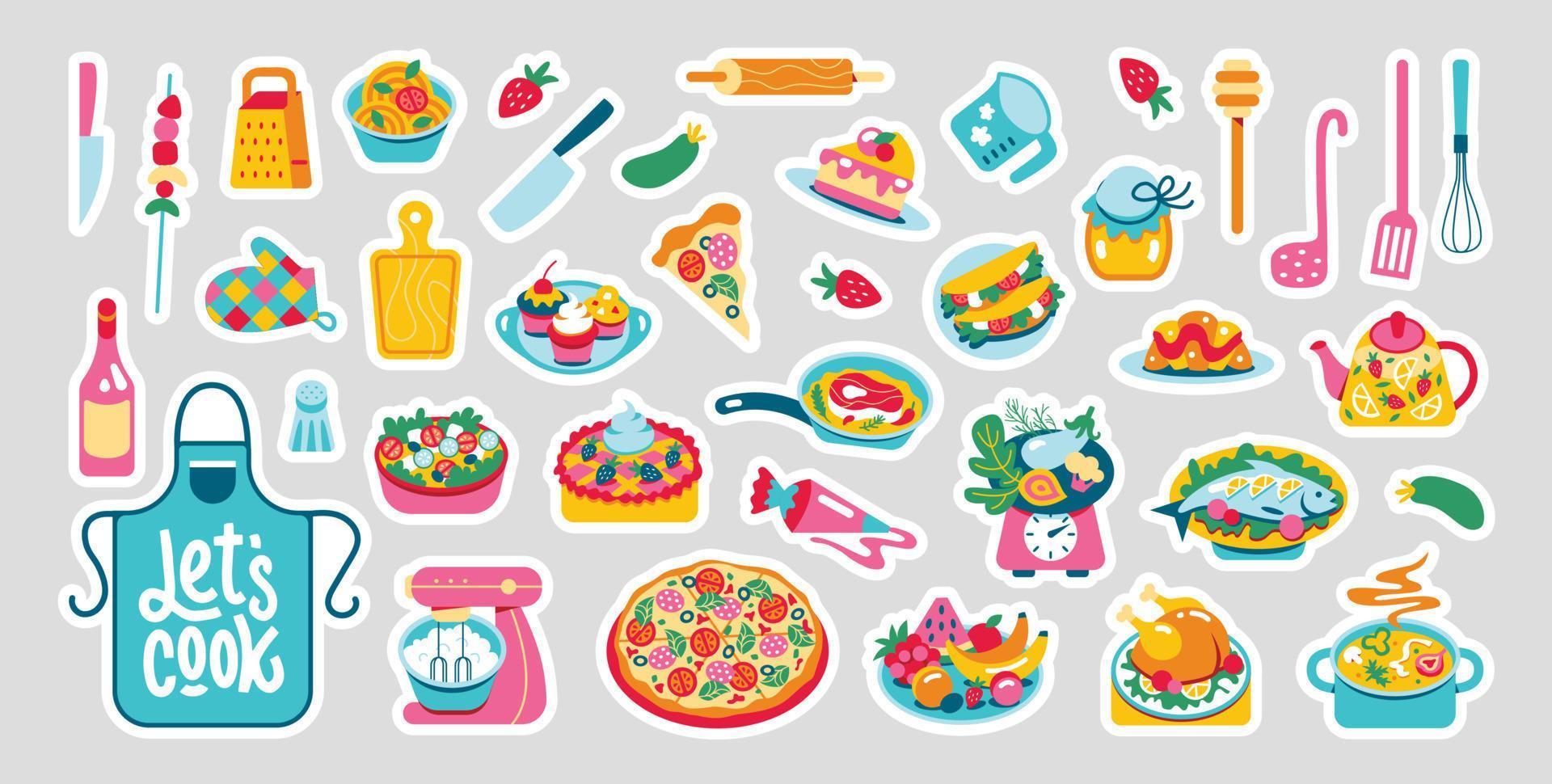 A set of food and sweets stickers for a recipe. ingredients, vegetables, soup, chicken, salad vector