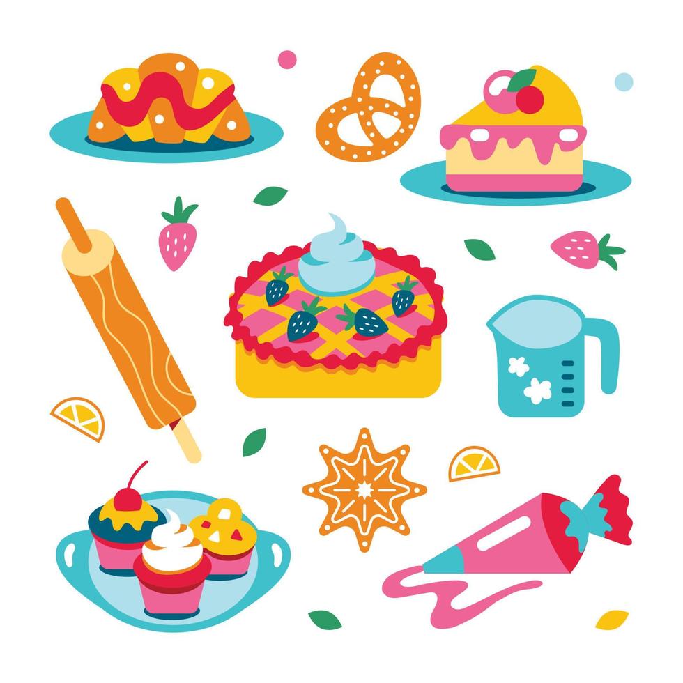 A set of ingredients and utensils for a pastry shop. Sweets, pastries and cream. Croissant, cake, rolling pin and cream vector
