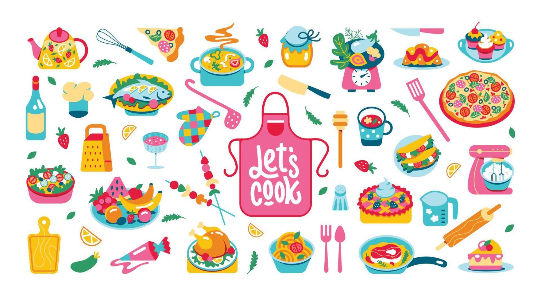 A large set of food and kitchen utensils. Dishes, dishes, sweets, ingredients. Recipe for home cooking vector