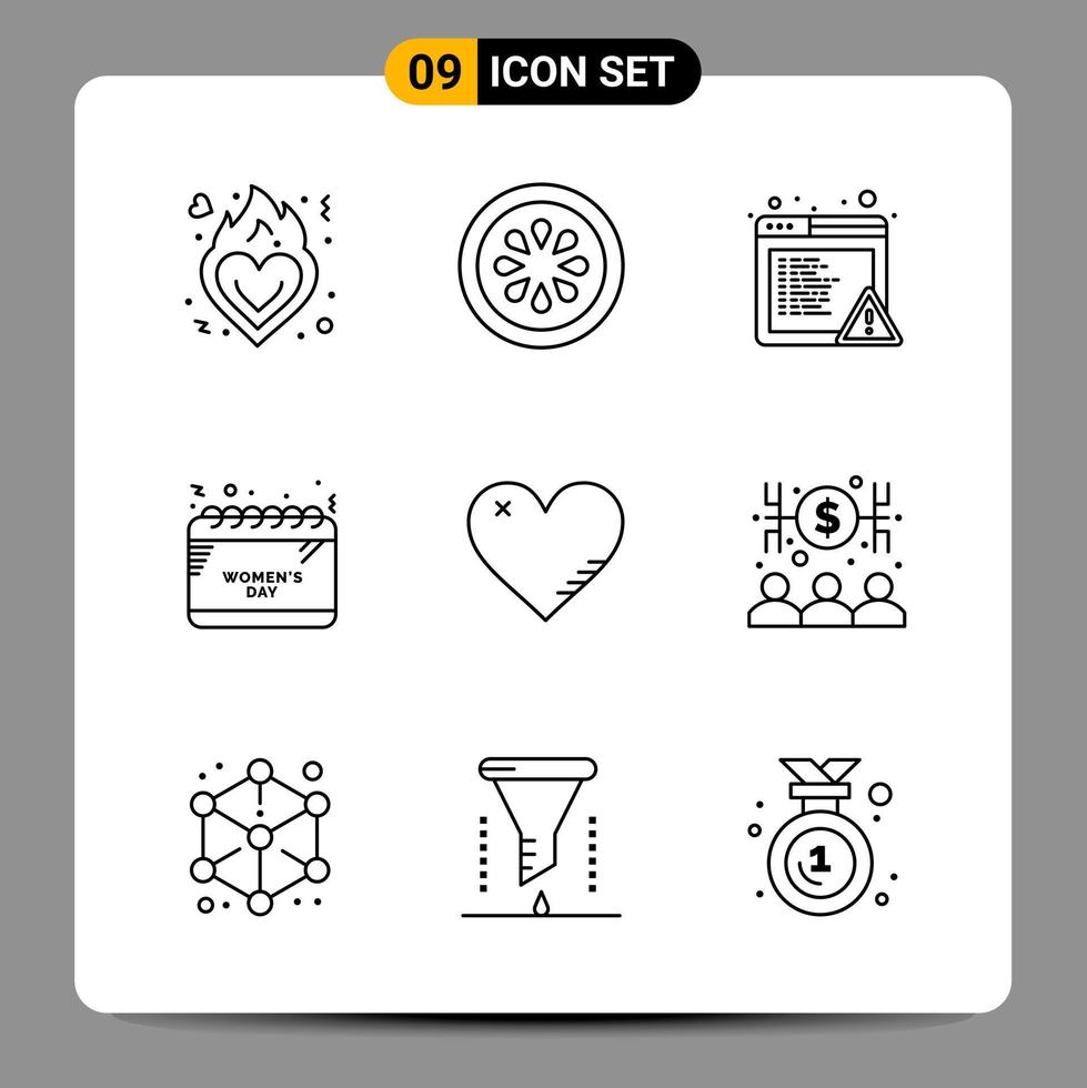 9 símbolos de contorno del paquete de iconos negros para diseños receptivos sobre fondo blanco. 9 iconos establecidos. vector