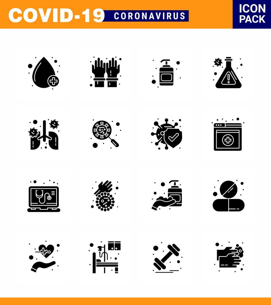 Coronavirus Prevention Set Icons 16 Solid Glyph Black icon such as organ breath lotion anatomy lab viral coronavirus 2019nov disease Vector Design Elements