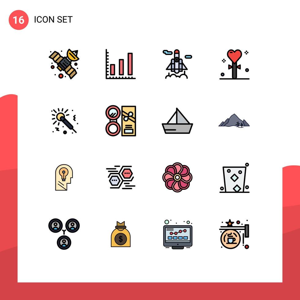 conjunto de 16 líneas vectoriales llenas de color plano en cuadrícula para transporte de música nocturna micrófono vacaciones elementos de diseño de vectores creativos editables