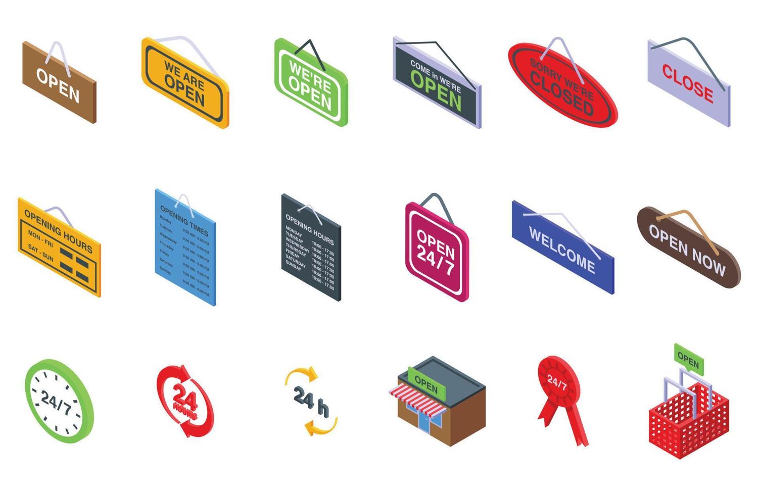 Shop opening hours icons set isometric vector. Store time vector