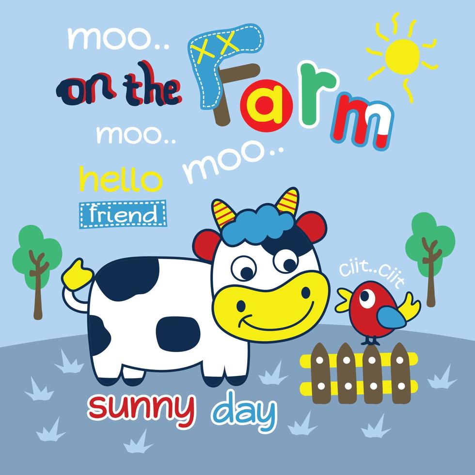 cow and bird on the farm funny animal cartoon,vector illustration vector