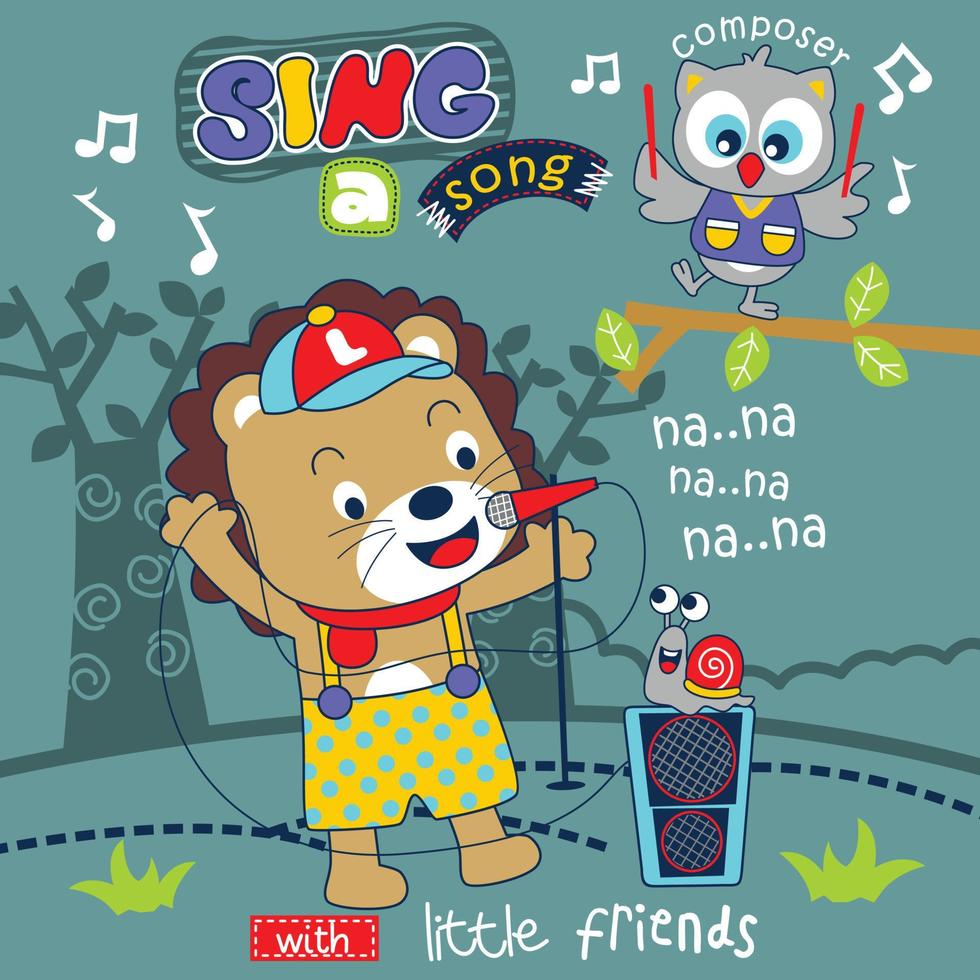 lion sing a song with friends in the garden funny animal cartoon,vector illustration vector