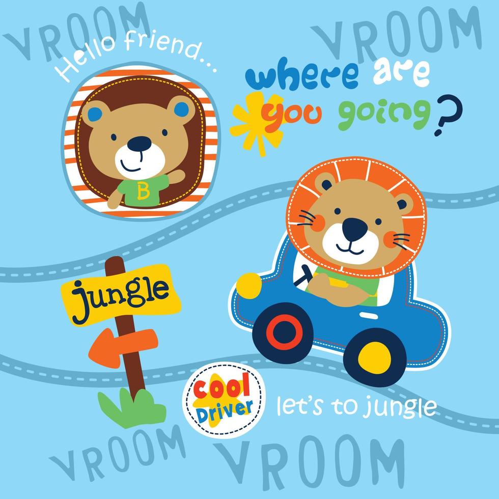 león conduciendo un coche reunirse con oso divertido animal caricatura, ilustración vectorial vector