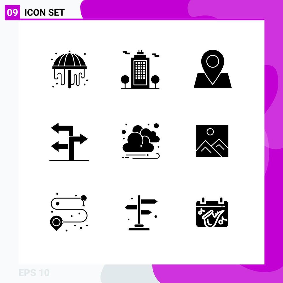 Mobile Interface Solid Glyph Set of 9 Pictograms of picture sun pointer cloud navigation Editable Vector Design Elements