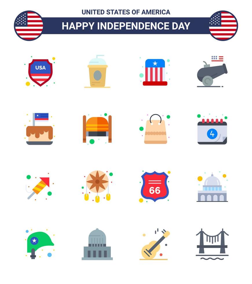 Pack of 16 USA Independence Day Celebration Flats Signs and 4th July Symbols such as festival howitzer independece cannon hat Editable USA Day Vector Design Elements