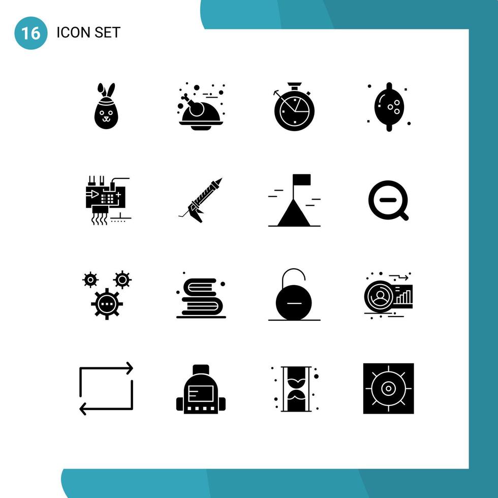 Pack of 16 creative Solid Glyphs of engineering customize time assemble fruit Editable Vector Design Elements