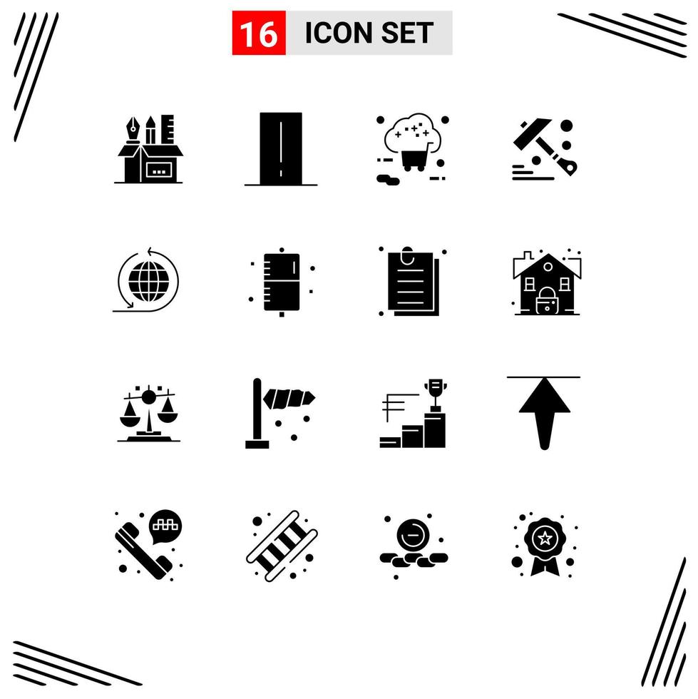 16 signos de glifos sólidos universales símbolos de herramientas de construcción gadget compras en línea elementos de diseño de vectores editables