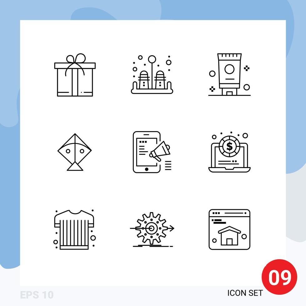 Modern Set of 9 Outlines Pictograph of dollar mobile bath media advertisement Editable Vector Design Elements