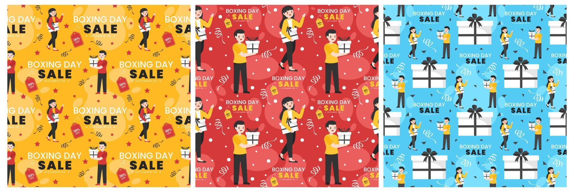 Set of Boxing Day Sale Seamless Pattern Design with Glove and Gift Box for Promotion or Shopping on Template Hand Drawn Cartoon Flat Illustration vector