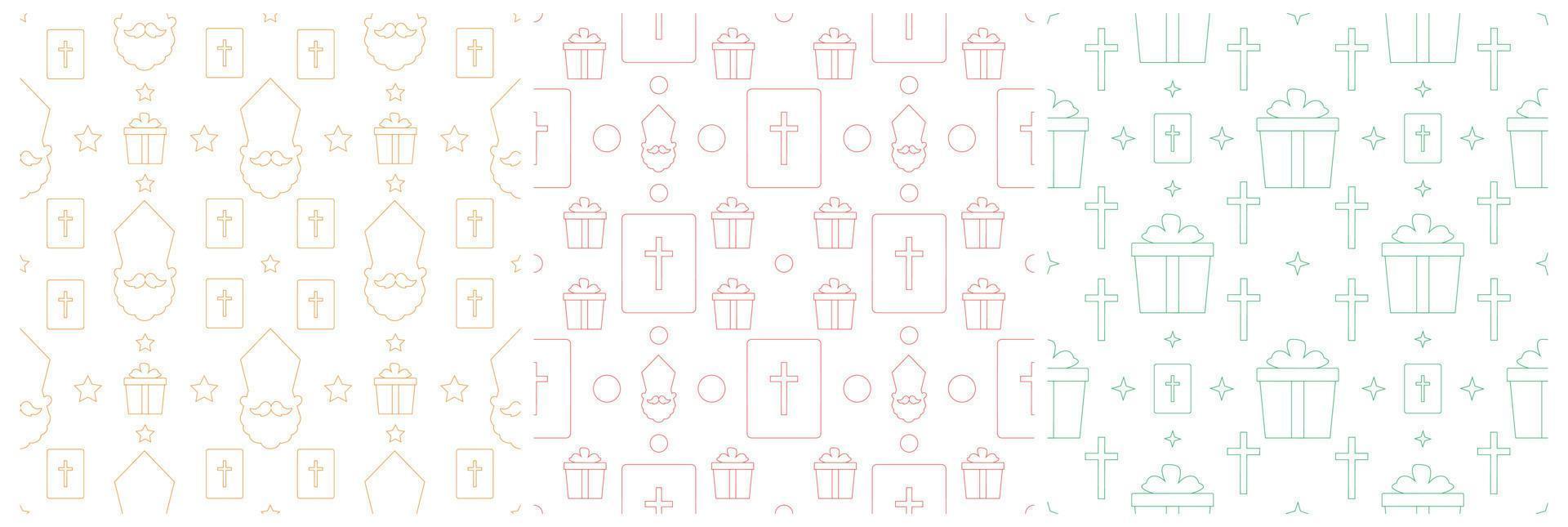 Set of Saint Nicholas Day or Sinterklaas Seamless Pattern with Gift Box and Christmas Template Background Hand Drawn Cartoon Flat Illustration vector