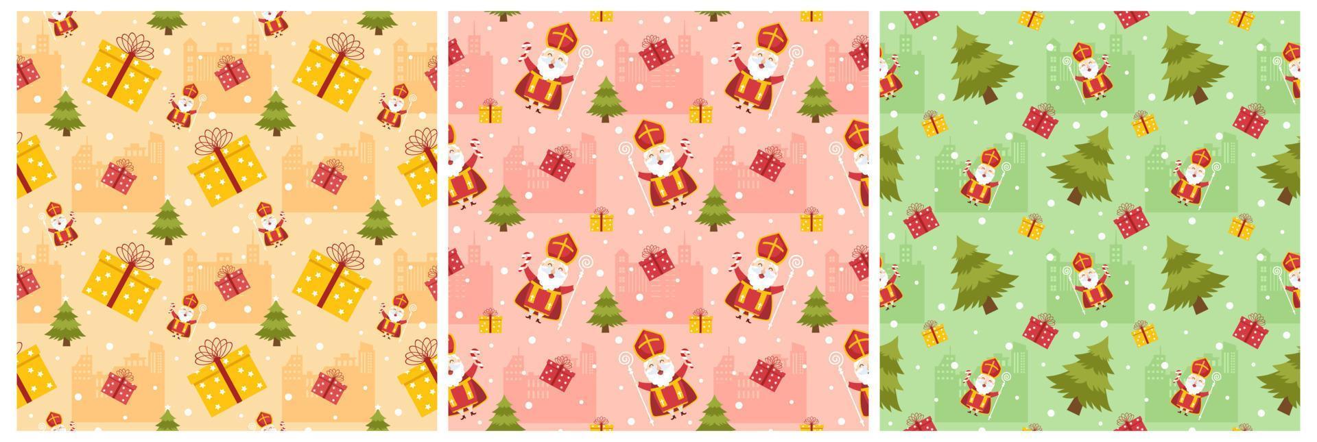 Set of Saint Nicholas Day or Sinterklaas Seamless Pattern with Gift Box and Christmas Template Background Hand Drawn Cartoon Flat Illustration vector
