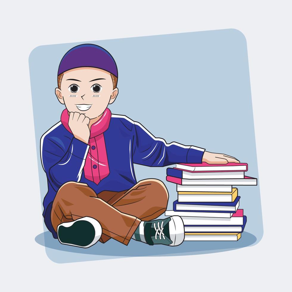 niño musulmán estudio. niño sonriendo sentado con sus libros ilustración vectorial pro descargar vector
