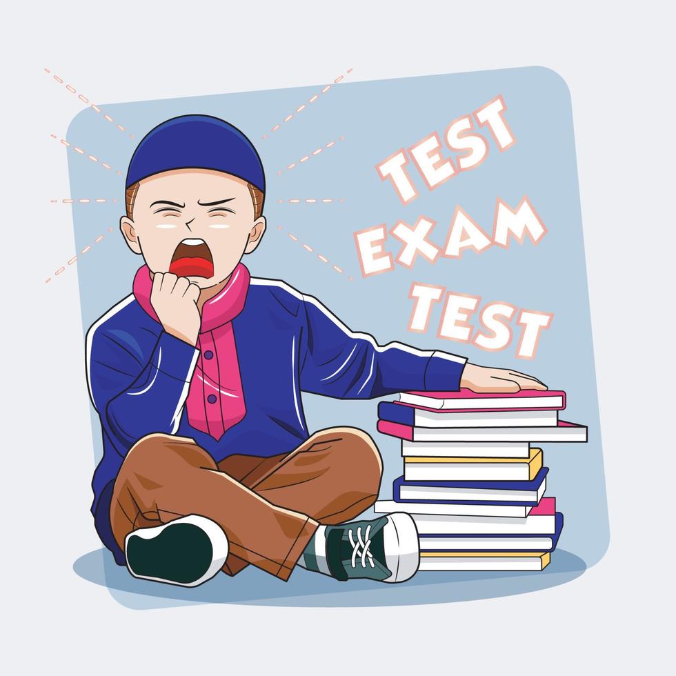 Kid Muslim Study. Boy preparing for exam with his pile of books vector illustration pro download