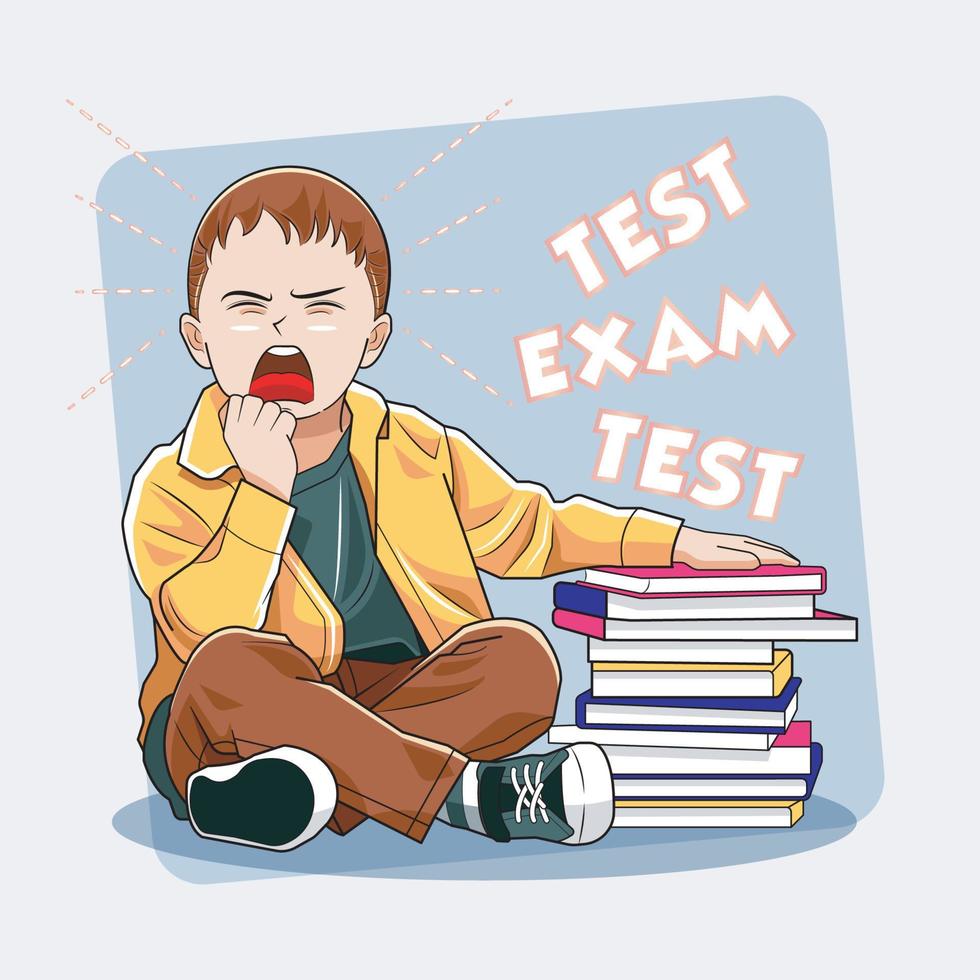 Kid Study. Boy preparing for exam with his pile of books vector illustration free download