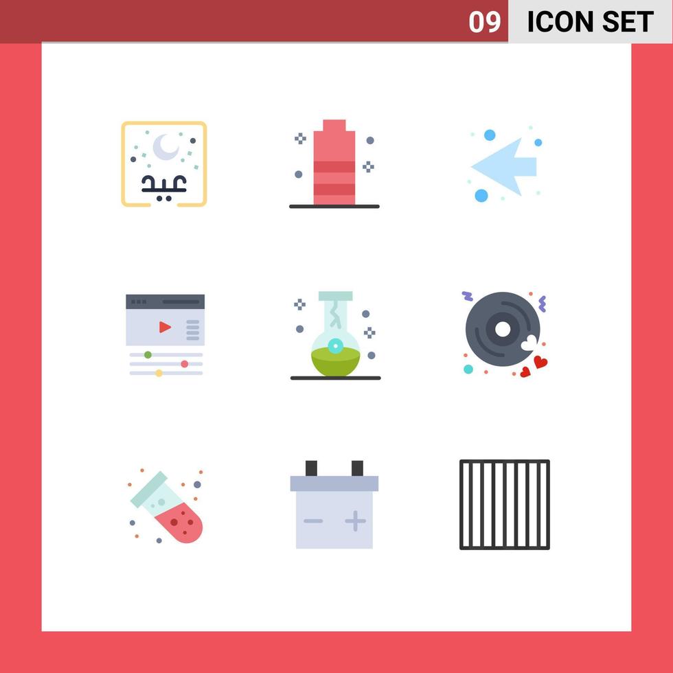 Pack of 9 creative Flat Colors of bottle video mobile battery page left Editable Vector Design Elements