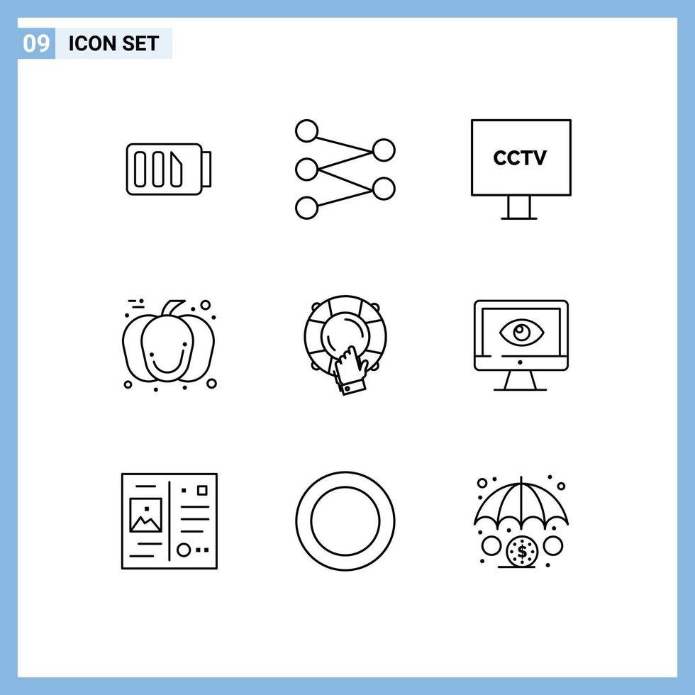 Group of 9 Outlines Signs and Symbols for guard day cctv food pumpkin Editable Vector Design Elements