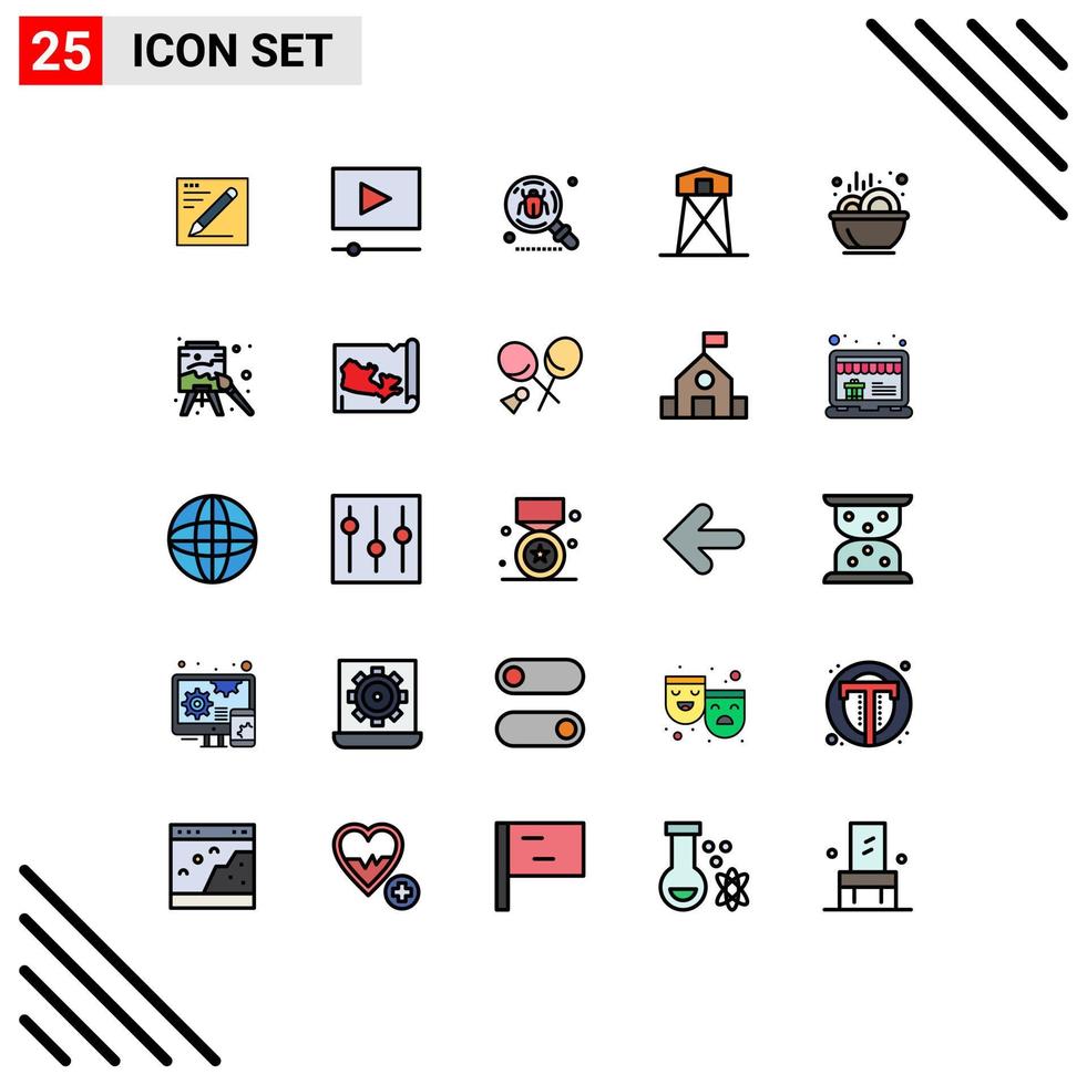 Filled line Flat Color Pack of 25 Universal Symbols of bowl tower bug hunt defense Editable Vector Design Elements