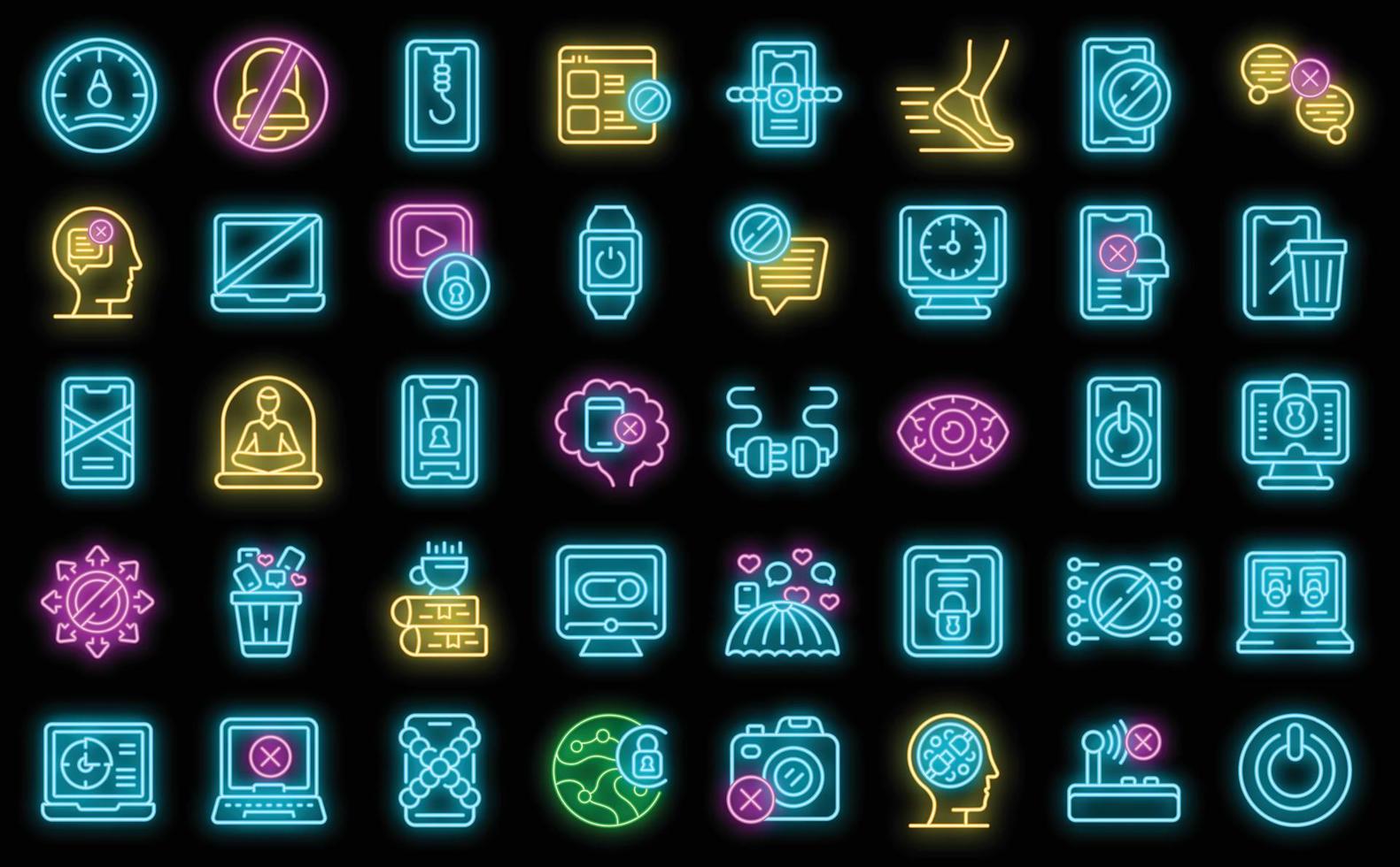 Digital detox icons set vector neon