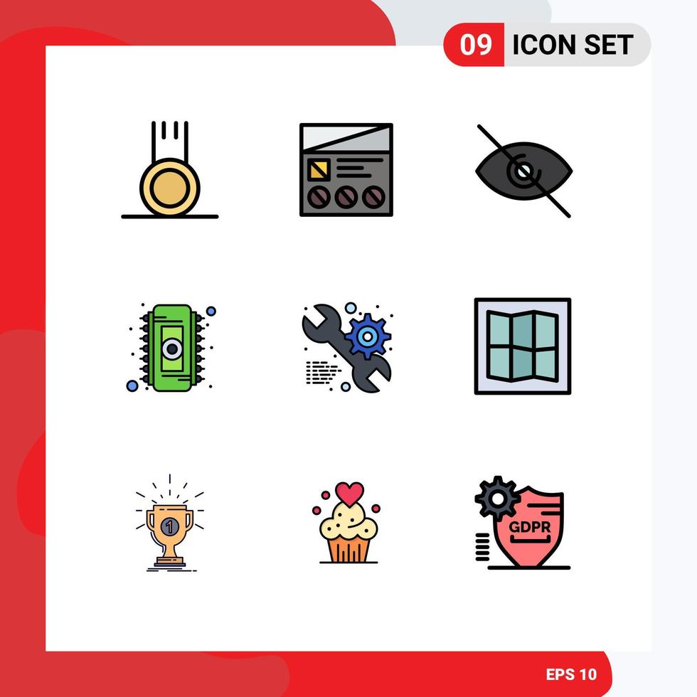 Pack of 9 creative Filledline Flat Colors of setting ram usability memory chip Editable Vector Design Elements
