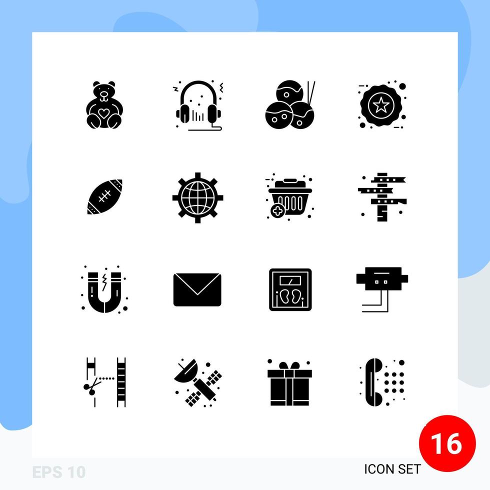 Group of 16 Modern Solid Glyphs Set for ball product microphone favorite badge Editable Vector Design Elements