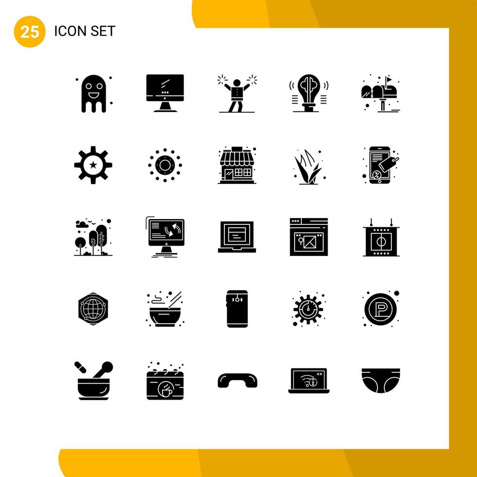 Group of 25 Modern Solid Glyphs Set for idea bulb imac brain encourage Editable Vector Design Elements