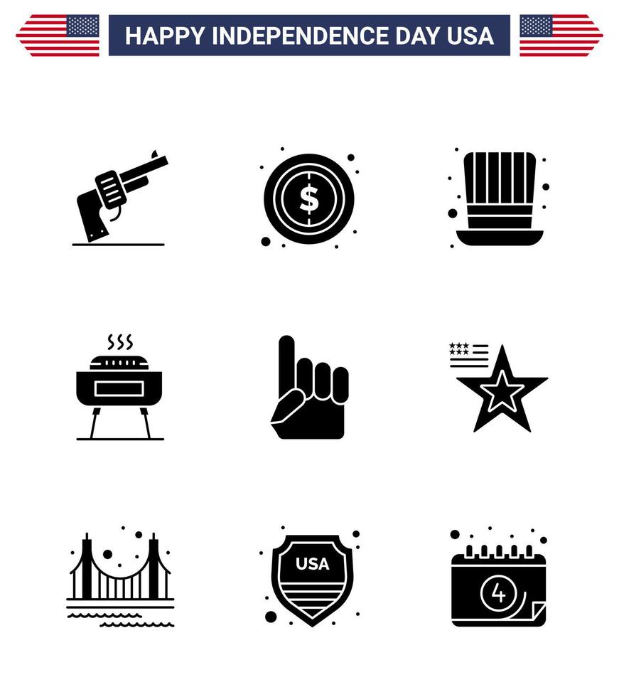 Big Pack of 9 USA Happy Independence Day USA Vector Solid Glyphs and Editable Symbols of hand holiday day festivity barbeque Editable USA Day Vector Design Elements