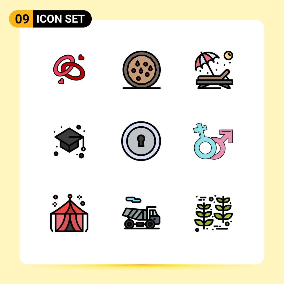 9 User Interface Filledline Flat Color Pack of modern Signs and Symbols of keyhole graduate cap beach education sunbathe Editable Vector Design Elements