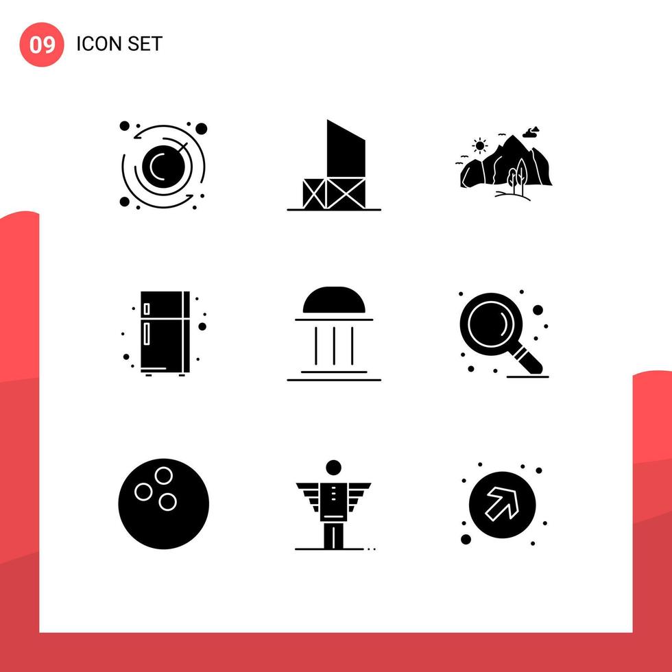 Group of 9 Solid Glyphs Signs and Symbols for bank refrigerator hill fridge tree Editable Vector Design Elements