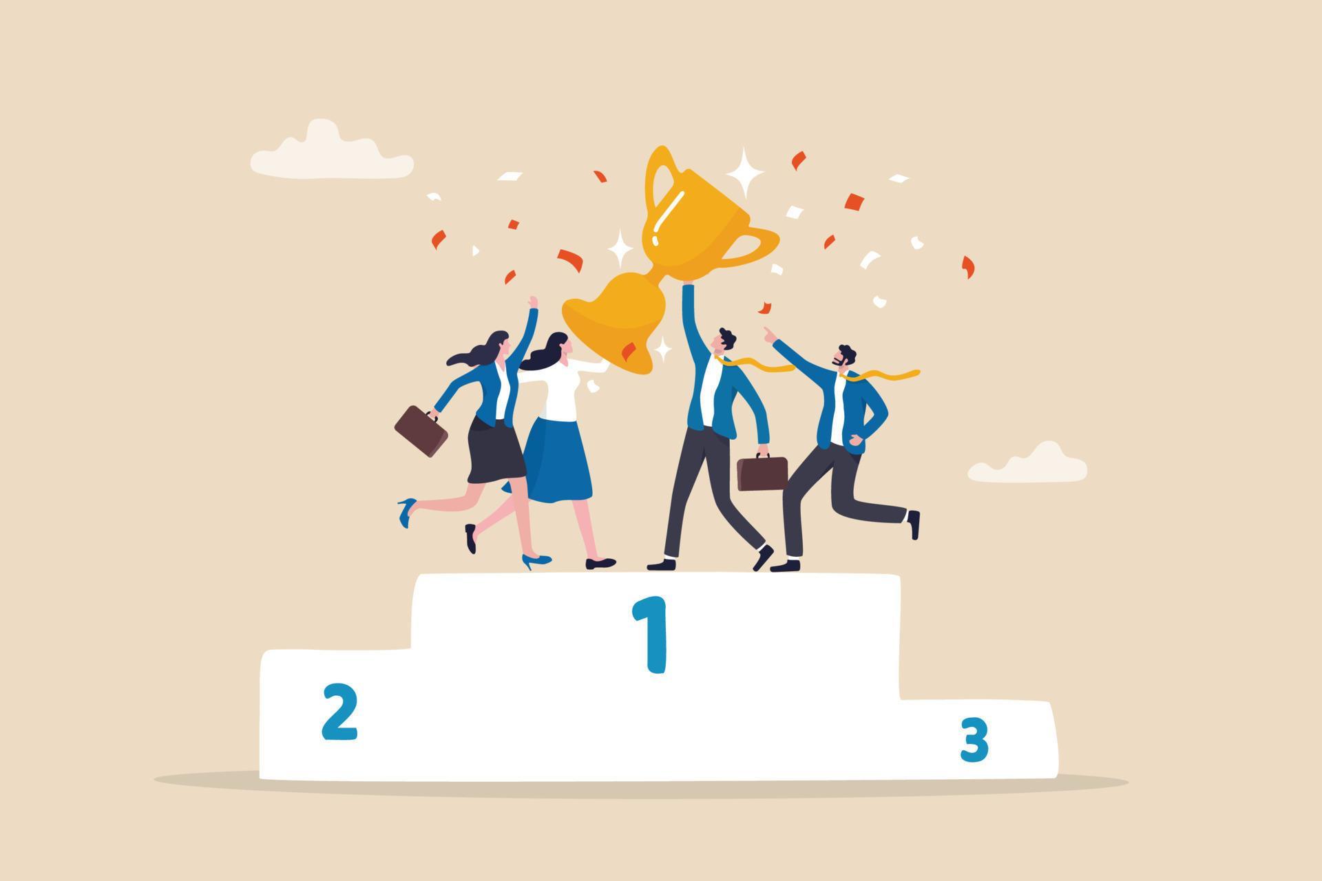 Team success win together, teamwork or collaboration to achieve goal