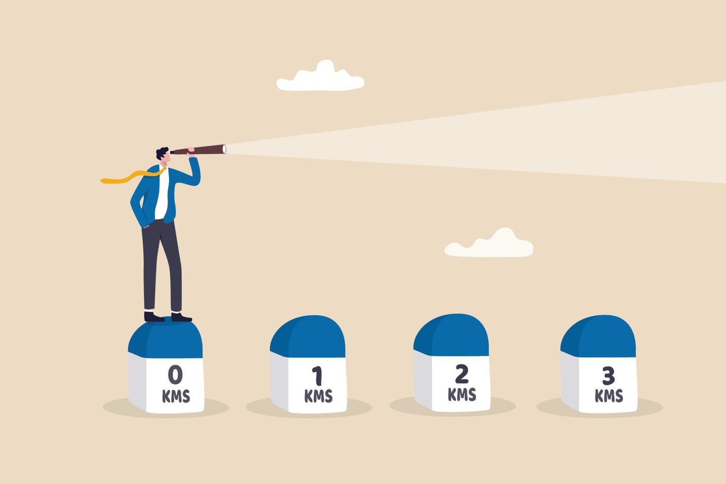 Start new journey, visionary for career development or project milestones, challenge or visionary, begin new job or journey to success concept, businessman look through telescope to see work journey. vector