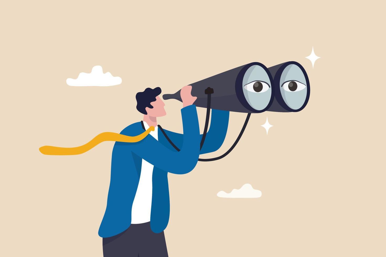 Observation, search for opportunity, curiosity or surveillance, inspect or discover new business, job search or hr finding candidate concept, curious businessman look through binoculars with big eyes. vector