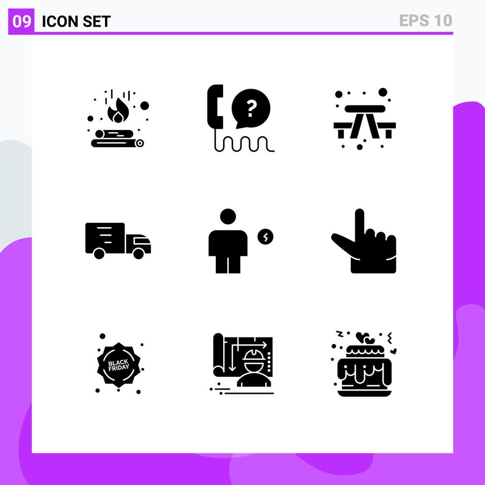 Modern Set of 9 Solid Glyphs Pictograph of avatar transport support lorry travel Editable Vector Design Elements