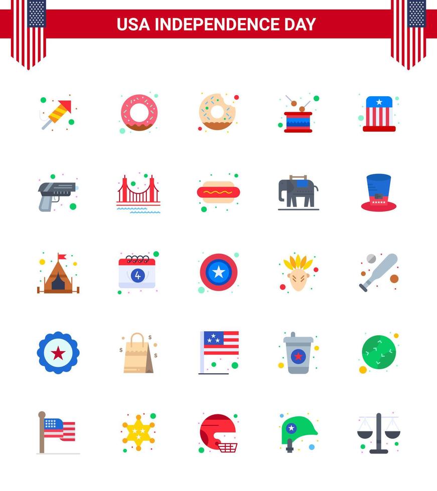 Happy Independence Day 4th July Set of 25 Flats American Pictograph of entertainment independence round independence drum Editable USA Day Vector Design Elements