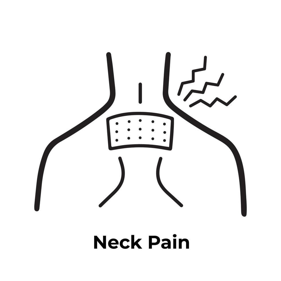 Hot patch on uppper back neck for neck pain relievement vector icon isolated on plain white background. Neck pain struggle pictogram with simple flat line art drawing for medical or doctor purposes.