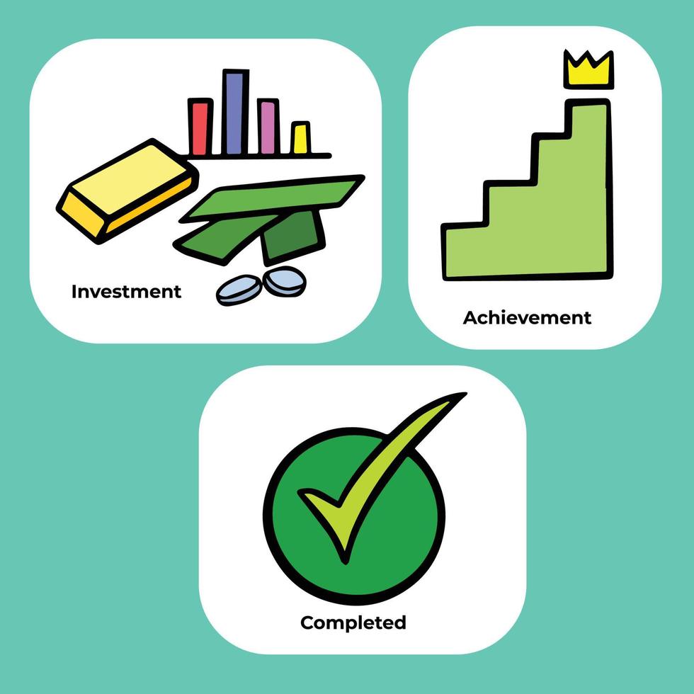 Icons about investment, goal, and achievement vector pictogram illustration with cartoon doodle hand drawn style. Simple flat drawing of business and finance themed symbols set.