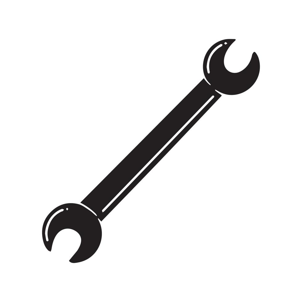 Two sided hand wrench black vector icon silhouette isolated on white background. Drawing mechanic tools equipment. Simple and clean drawing.