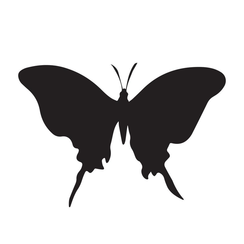 Butterfly black vector icon silhouette isolated on plain white background. Insect animals with beautiful fragile wings drawing. Pictogram with simple flat shape art style.