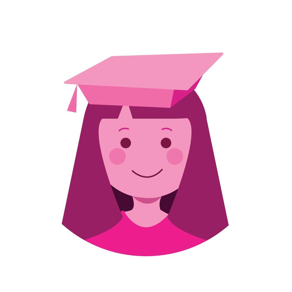 Ilustración de icono rosa vectorial de chica universitaria graduada aislada en fondo blanco. dibujo de dibujos animados plano simple de pictograma de mujer joven con sombrero de graduación. vector