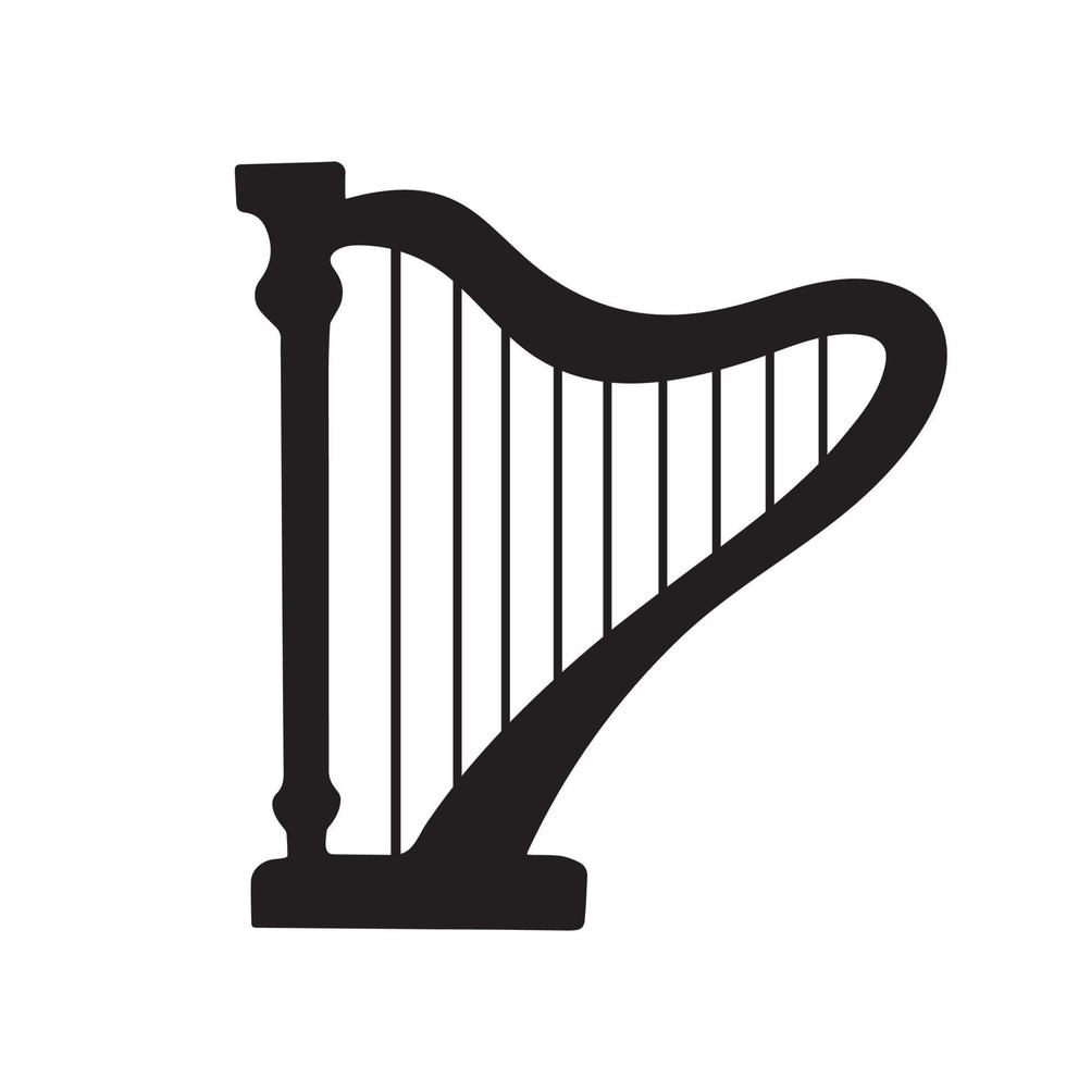 Harp classical musical instrument vector icon illustration silhouette isolated on plain white background. Simple flat art styled drawing with black colored pictogram.
