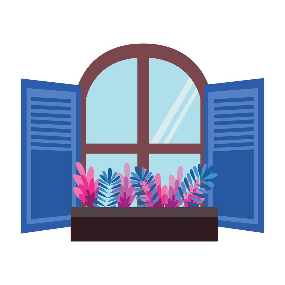 hermosa tienda azul o ventana de la casa con coloridas flores maceta ilustración vectorial. dibujo de ventana de vidrio de dibujos animados con estilo de arte plano de dibujos animados aislado sobre fondo blanco. vector