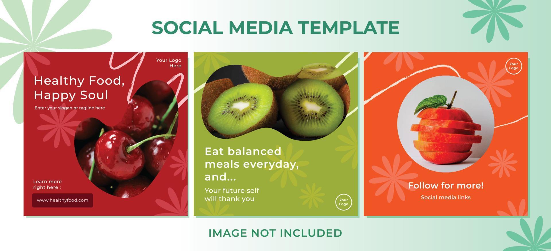 Healthy lifestyle with eating fruit social media post template with flowers and free hand doodles element decorations. Colorful template for brochure, poster, social media or website post, and others. vector