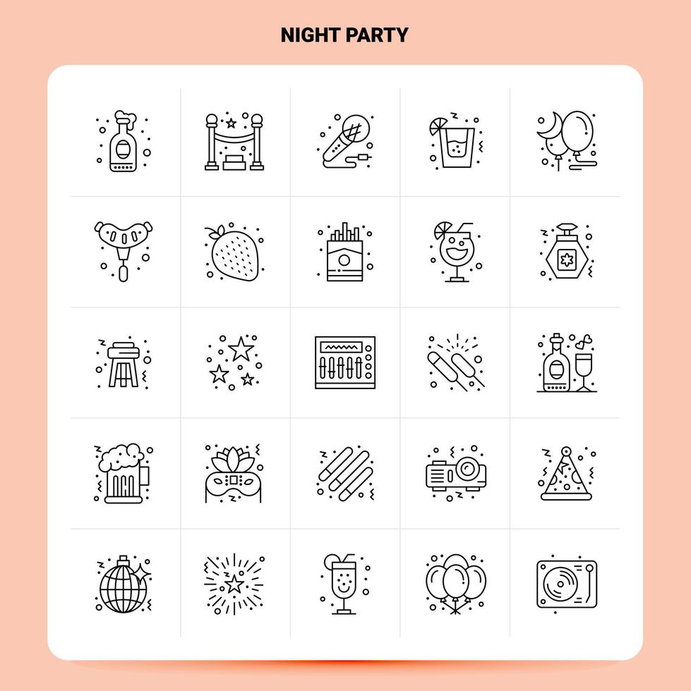 contorno 25 iconos de fiesta nocturna conjunto vector diseño de estilo de línea conjunto de iconos negros paquete de pictogramas lineales web y diseño de ideas de negocios móviles ilustración vectorial