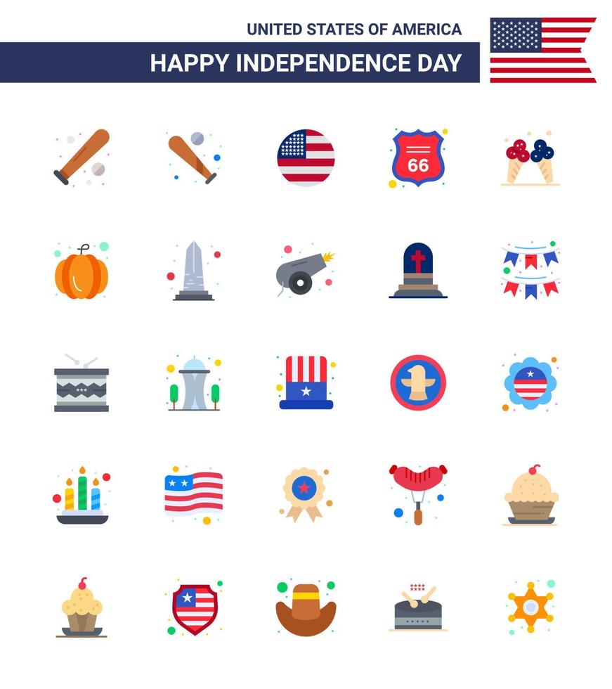 feliz día de la independencia 4 de julio conjunto de 25 pisos pictograma americano de crema americana usa ice american elementos de diseño de vector editables del día de usa