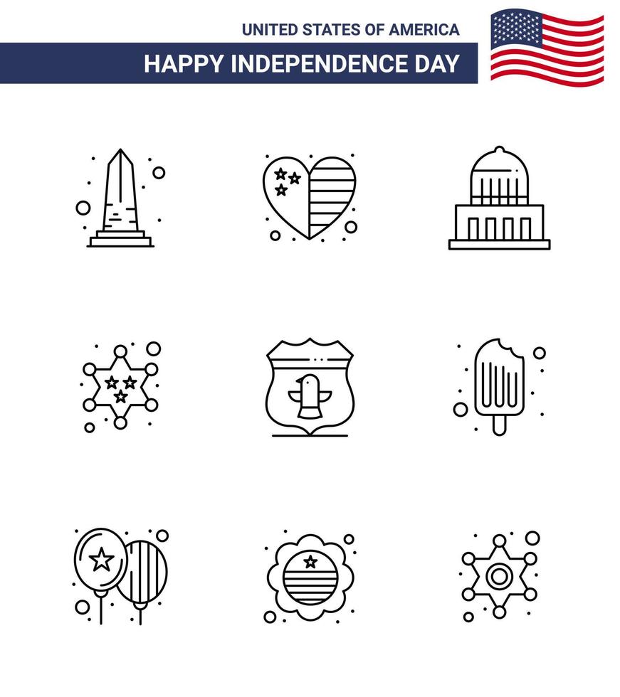 Modern Set of 9 Lines and symbols on USA Independence Day such as sheild police usa military usa Editable USA Day Vector Design Elements
