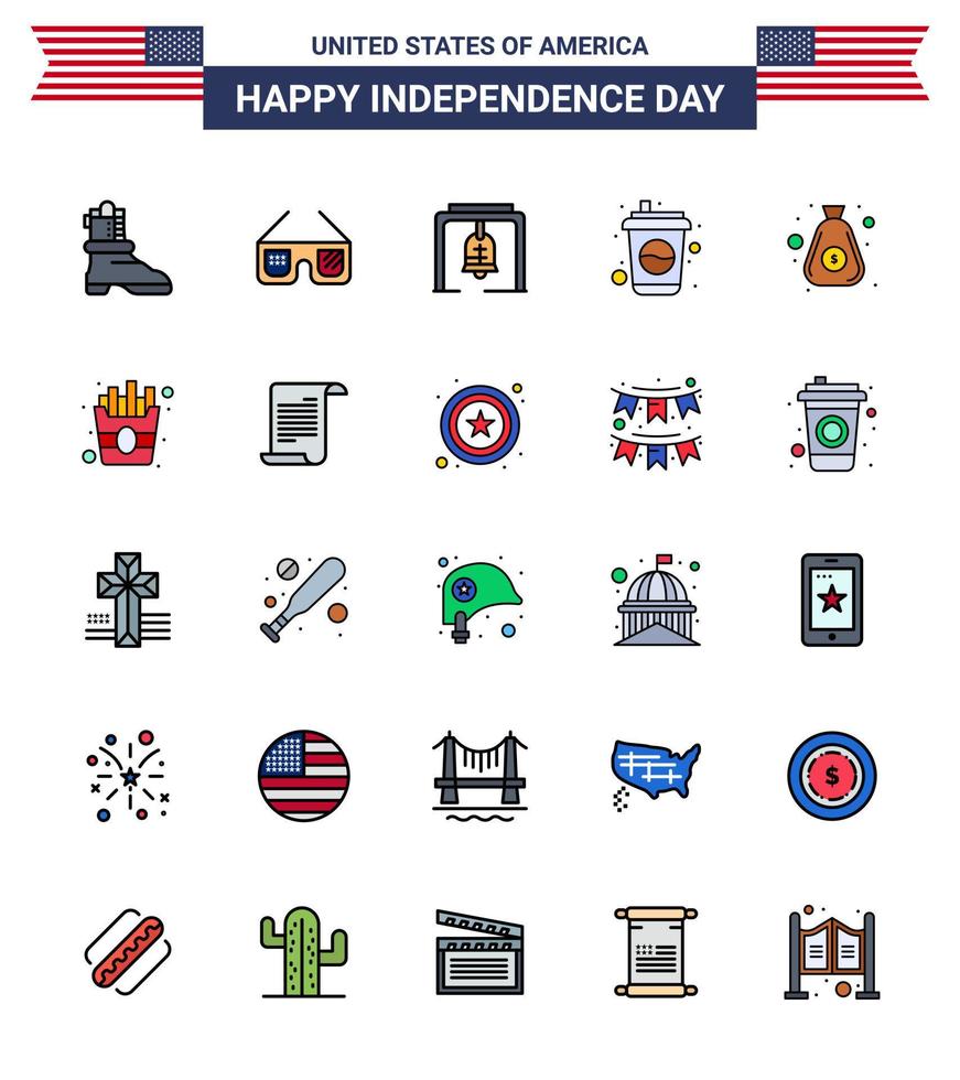 Set of 25 USA Day Icons American Symbols Independence Day Signs for bag dollar bell soda cola Editable USA Day Vector Design Elements