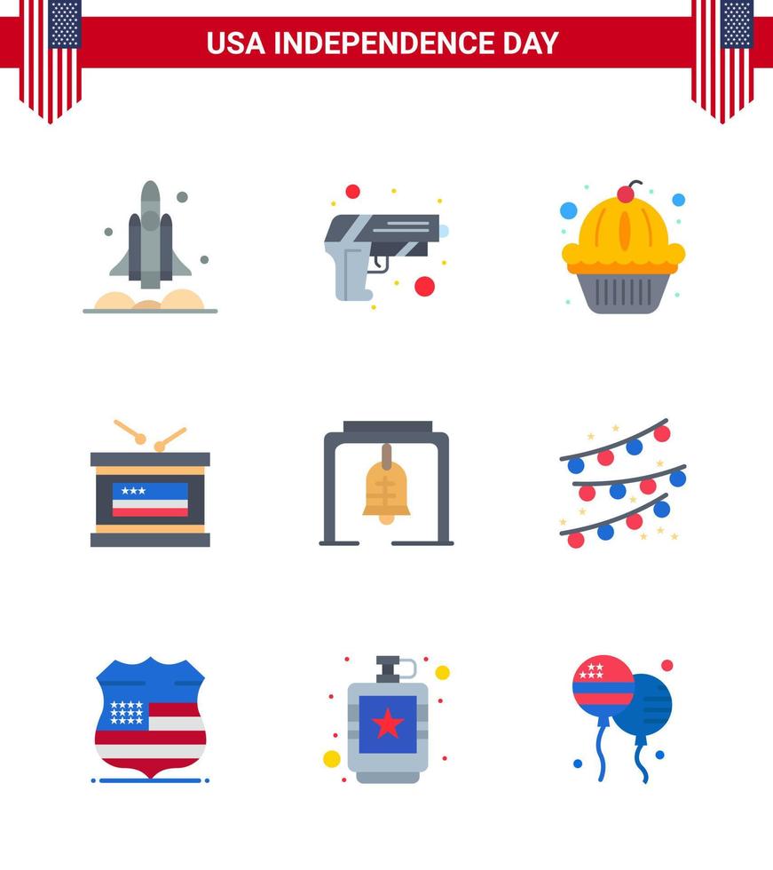 Big Pack of 9 USA Happy Independence Day USA Vector Flats and Editable Symbols of alert independece weapon holiday cake Editable USA Day Vector Design Elements